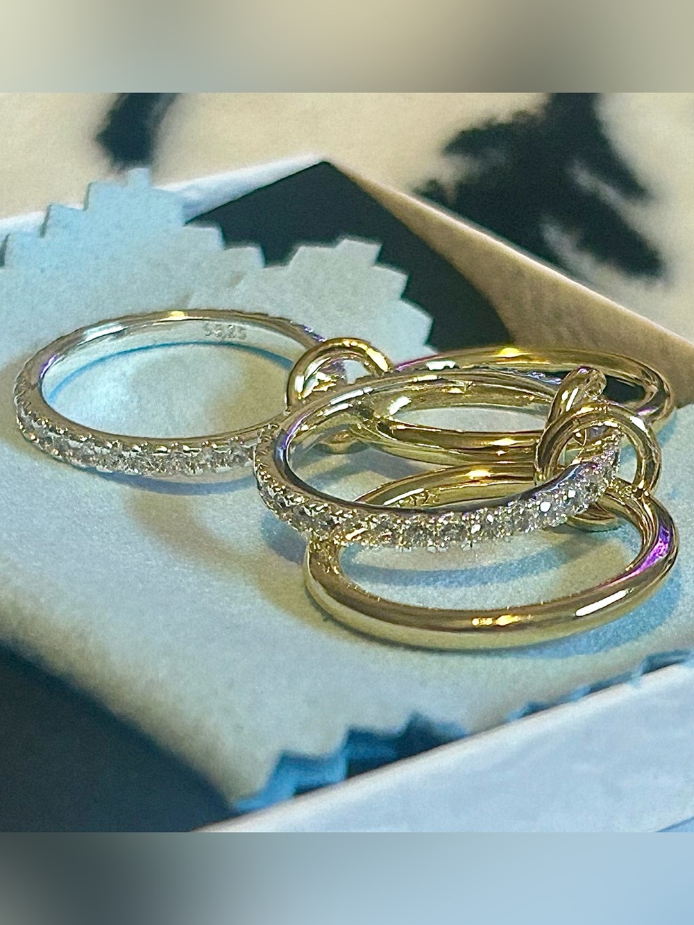 Stacking 4-Ring Set, 14K gold plating with cubic zirconia – Brand New